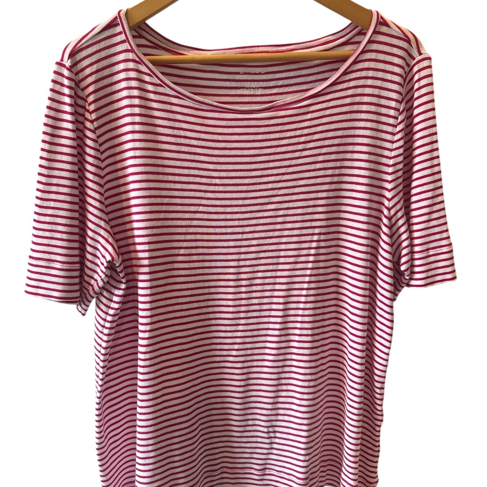 Chicos Top Womens 3 XL Pink White Stripe T-Shirt Ultimate Pima Cotton Boat Neck